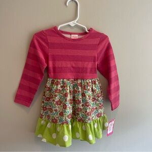 Ricrac and Ruffles NWT Charming Pink Striped and Green Floral Kids Dress 2t